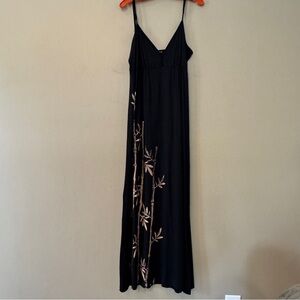 Vintage Y2K Lucky Brand Bamboo Maxi Dress‎ XL Black V Neck Babydoll Raw Hem